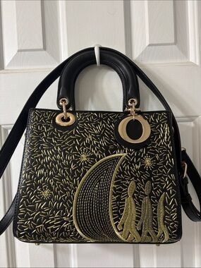 Black and Gold Embroidered Top-Handle Satchel
